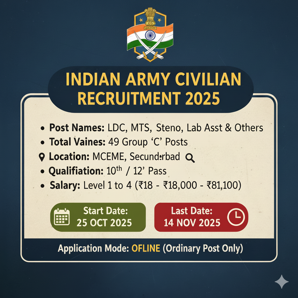 Indian Army Civilian Recruitment 2025: Apply for 49 LDC, MTS, & Steno Posts at MCEME