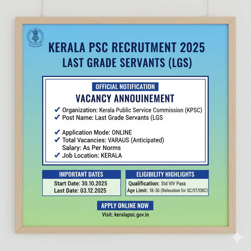 Kerala PSC Recruitment 2025 for Last Grade Servants (LGS) Posts.
