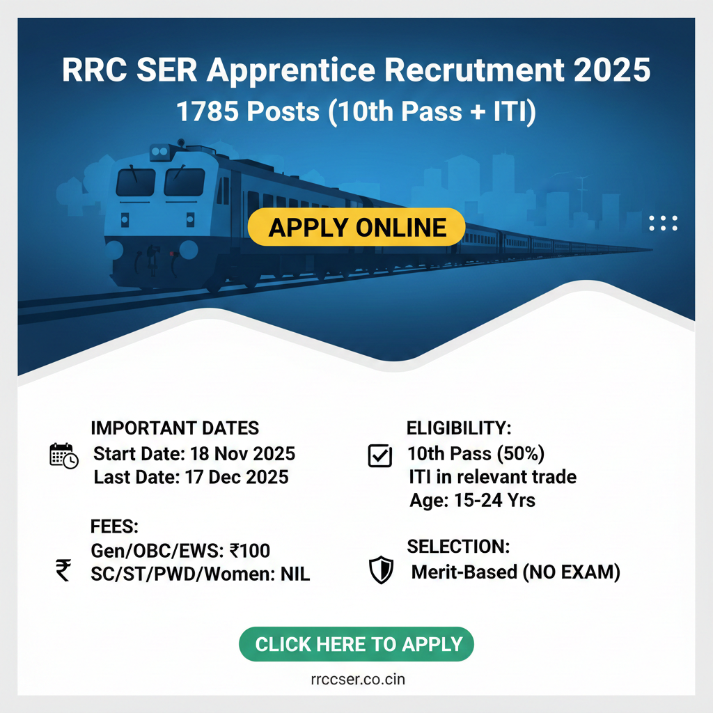 the RRC South Eastern Railway (SER) Apprentice Recruitment 2025